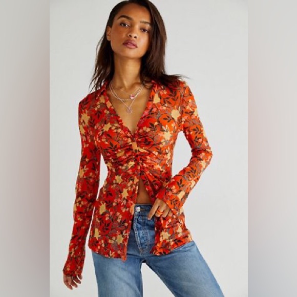 Free People Tops - Free People Lucky Shirtee Orange Ruched Floral Long Sleeve Button Blouse M Boho